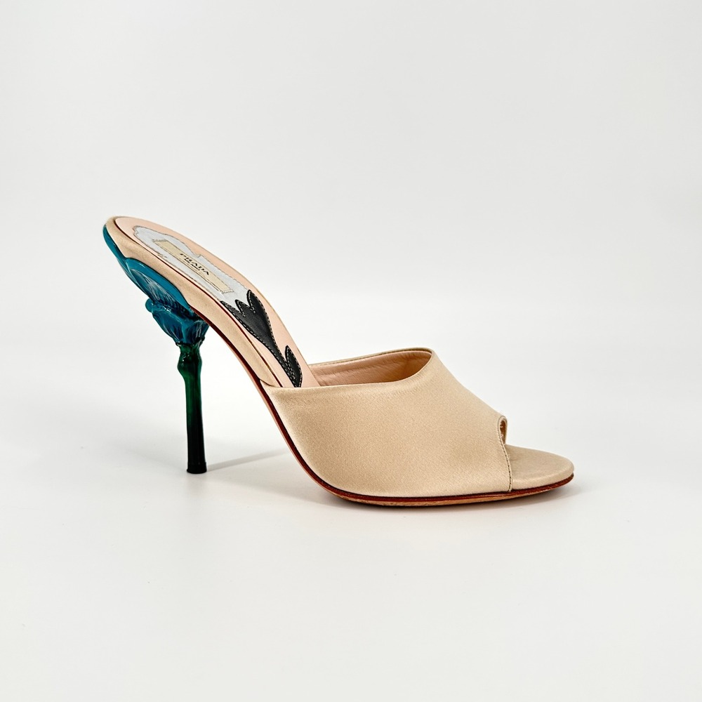 Prada SS2008 Satin Fairy Mules Champagne Teal Flower Trembled Blossoms Heel 36.5